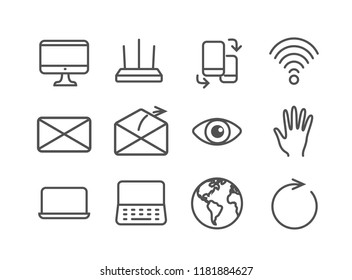 Technology, internet and computer icon set. 48X48 pixel perfect. Contains such icon as router, monitor, device communication, wi fi, mail, etc. Editable stroke.