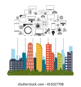 Technology and Internet concept represented by smart city and  icon set. Isolated and flat illustration.