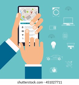 Technology and Internet concept represented by smart city and smartphone icon. Colorful and flat illustration.
