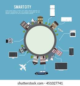 Technology and Internet concept represented by smart city and  icon set. Colorfull and flat illustration.