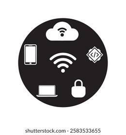  Technology and Internet Icon vector Set - Wireless, Security, and Cloud Computing Digital Communication and Network Icons Wi-Fi, Devices, and Cybersecurity" vector illustration.
