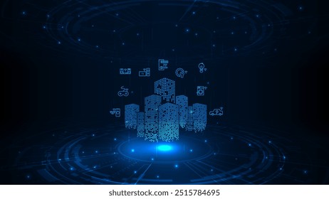 Concepto de red en línea de la Tecnología Internet de las cosas Smart City. La tecnología digital hud abstracta el concepto con big data. Fondo futurista de luz azul.