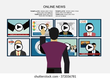 Technology, internet, tv and virtual screens concept - man pressing button on virtual screen with videos.Online news.  Business and market news