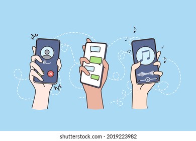 Technology, internet, wireless communication concept. Hands of people holding smartphones with various applications on screens vector illustration 