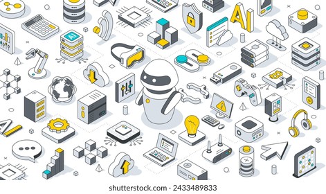 Technology isometric 3d background. AI robot surrounded by technology icons. Server equipment, laptop and virtual reality, Cloud technology, Big data, artificial intelligence, blockchain, game icons.