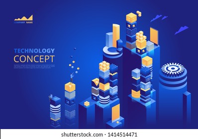 Technology isometric concept. Cryptocurrency and blockchain. Abstract future high tech vector illustration