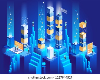 Technology isometric concept. Digital blocks connection with each other. Digital technologies. Monitoring and testing of the digital process. Business analysis. Vector illustration