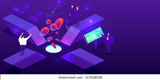 Technology isometric concept with science research and development elements and 3d liquid fluid shapes. Eps10 vector illustration