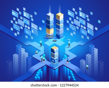 Technology isometric concept. Software, web development, programming. Vector illustration