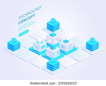 Technology isometric concept vector illustration. Abstract data storage or blockchain. Personal data protection. Hosting server room. Data center. Network mainframe infrastructure technology blocks