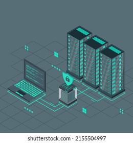 Technology isometric design for quantum computer. Blockchain server concept. Server room. Storage database. Vector illustration