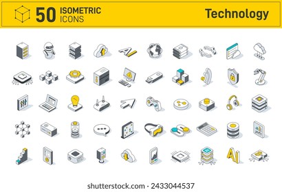 Technology isometric icon. Modern outline line 3d style. Global Connection, Cloud Data Technology Services, Information Technology. Abstract Electronics.