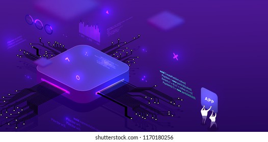 Technology isometric infographic design for application development, artificial intelligence, big data concept with circuit board and processor. Eps10 vector illustration