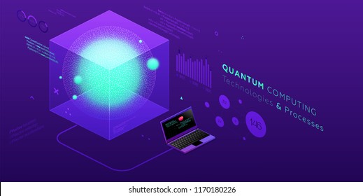 Technology isometric infographic design for quantum computer, artificial intelligence, big data concept with circuit board and processor. Eps10 vector illustration