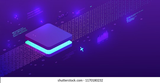 Technology isometric infographic design for quantum computer, artificial intelligence, big data concept with circuit board and processor. Eps10 vector illustration