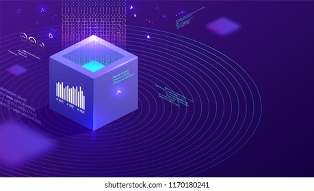 Technology isometric infographic design for quantum computer, artificial intelligence, big data concept with circuit board and processor. Eps10 vector illustration