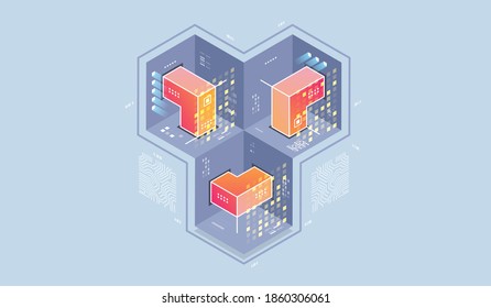Technology isometric infographic design for quantum computer, artificial intelligence, Concept of big data. Digital information technologies.