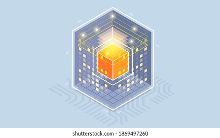Technology isometric infographic design for quantum computer, artificial intelligence, Concept of big data. Digital information technologies.