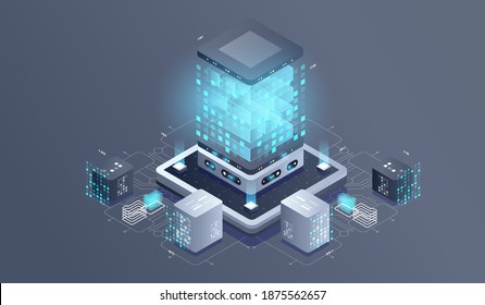 Technology isometric infographic design for quantum computer. Blockchain server concept, server room, database, information storage. Creative isometric concept.