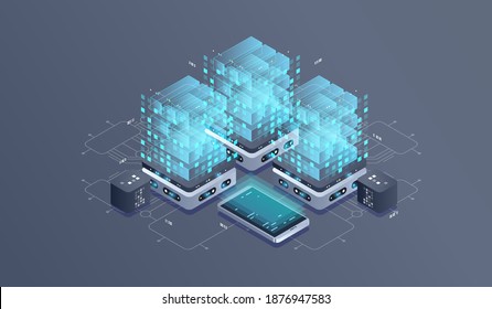 Technisch isometrisches Infografik-Design für Quantencomputer. Blockchain Server Konzept, Serverraum, Datenbank, Informationsspeicherung. Kreatives isometrisches Konzept.