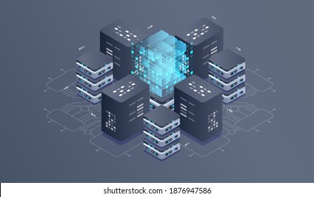 Technology isometric infographic design for quantum computer. Blockchain server concept, server room, database, information storage. Creative isometric concept.