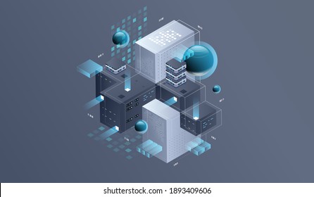 Technology Isometric Infographic Design For Quantum Computer, Artificial Intelligence, Concept Of Big Data. Digital Information Technologies.