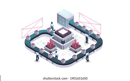 Technology isometric infographic design for quantum computer, artificial intelligence, Concept of big data. Digital information technologies.