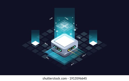 Technology isometric infographic design for quantum computer. Blockchain server concept, server room, database, information storage. Creative isometric concept.