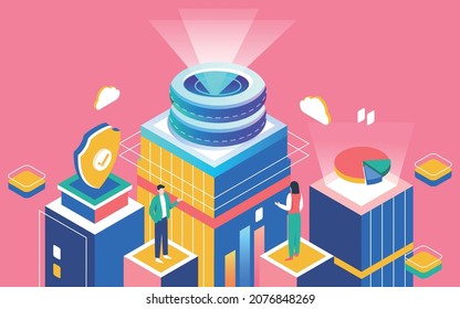 Technology isometric security guard business illustration office cooperation figure Poster