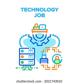 Technology Job Vector Icon Concept. Programmer It Worker Developing Software Code On Computer At Working Desk, Programming Robot And Support Server Technology Job Color Illustration
