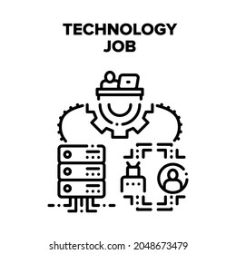 Technology Job Vector Icon Concept. Programmer It Worker Developing Software Code On Computer At Working Desk, Programming Robot And Support Server Technology Job Black Illustration