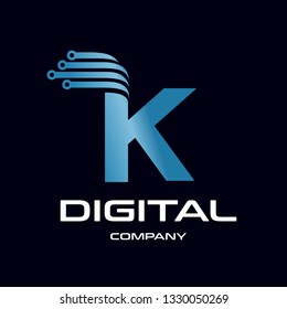 Technology K letter vector logo template. Logo with circle and digital symbol. Gradient blue. This logo is suitable for industrial.