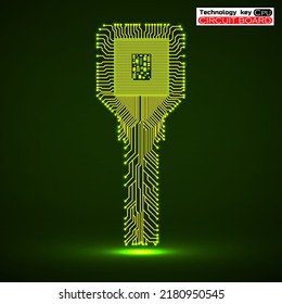 Technology key with glowing circuit board and cpu. Neon symbol. Vector illustration