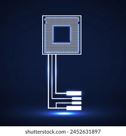 Technology key with glowing circuit board and cpu. Neon symbol. Vector illustration