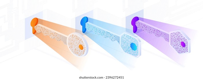Technology key set. Blockchain technology. Symbols of protection of personal data on internet. Electronic storage and archive. Cartoon isometric vector collection isolated on white background