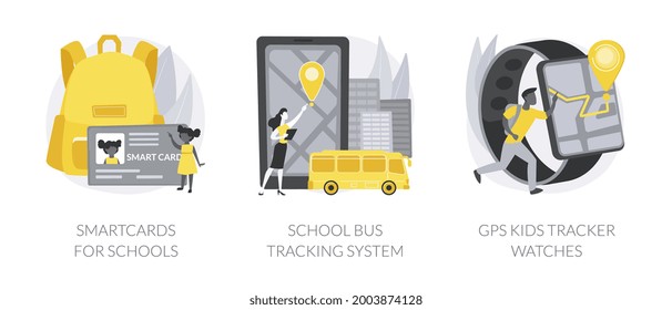 Technology for kids abstract concept vector illustration set. Smartcards for schools, school bus tracking system, GPS location kids tracker watches, student profile, child security abstract metaphor.