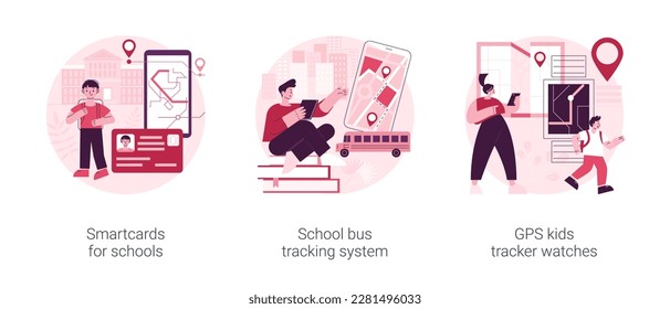 Technology for kids abstract concept vector illustration set. Smartcards for schools, school bus tracking system, GPS location kids tracker watches, student profile, child security abstract metaphor.