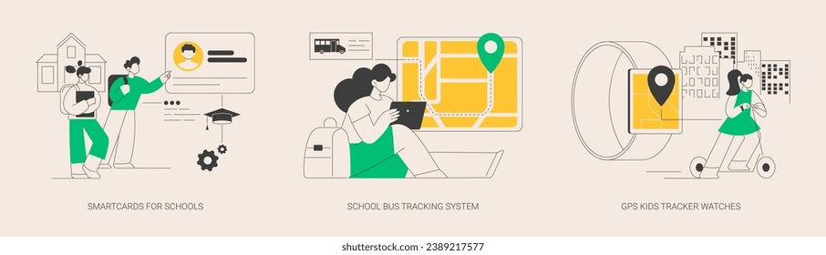 Technology for kids abstract concept vector illustration set. Smartcards for schools, school bus tracking system, GPS location kids tracker watches, student profile, child security abstract metaphor.