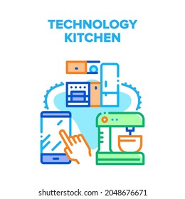 Concepto de ícono de vectores de equipos de cocina de tecnología. Control Remoto De Equipo De Cocina Con Tecnología Electrónica De Refrigerador Y Mezclador Con Aplicación Smartphone. Ilustración de color de dispositivo de cocina