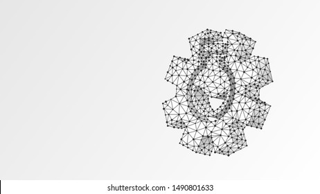 Technology lab flask with gear. Tech lab, chemical laboratory, development model concept. Abstract, digital, wireframe, low poly mesh, vector white origami 3d illustration. Triangle, line dot
