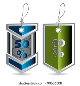 Technology label set with discount in blue and green colors