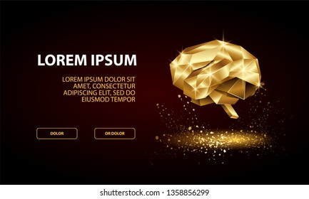 Technology Landing Page Template with low poly golden human brain. 
