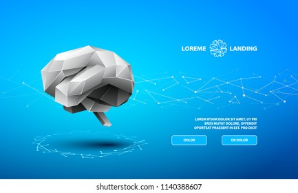 Technology Landing Page Template. Polygonal banner with a low poly brain on a blue background.