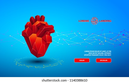 Technology Landing Page Template. Polygonal banner with a red low poly heart on a blue background.