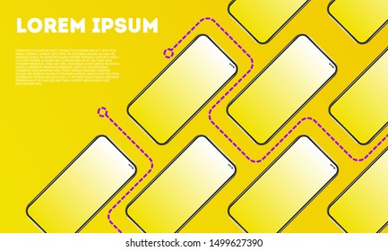 Technology landing page yellow background with modern smart phones 