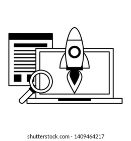 technology laptop software tools cartoon vector illustration graphic design in black and white