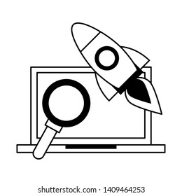 technology laptop software tools cartoon vector illustration graphic design in black and white
