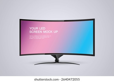 Technology LED Curved TV wide screen for Digital Signage Stand Mockup, Modern mock-up highlights a sample LED screen design
