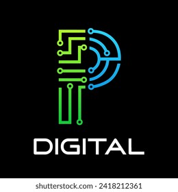 Ilustración de diseño de logotipo de carta de tecnología. Esto es bueno para la tecnología, la ciencia, la computación, etc. esto es letra p 