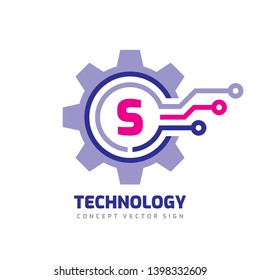 Technology Letter S - vector logo template concept illustration. Cogwheel gear abstract sign. Mechanic industrial icon. SEO. Search engine optimization. 